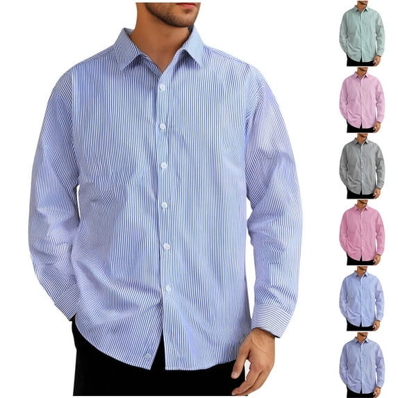 Afuyipoi Men Workwear Button-Up Shirts,Casual Long Sleeve Stripe Lapel Woven Collar Button Tops Blue 2XL