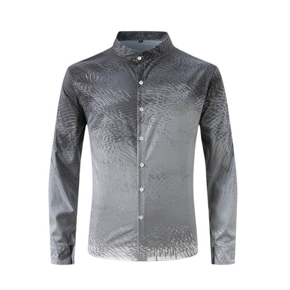 Afuyipoi Men Workwear Button-Up Shirts,Long Sleeve Casual Color Block Stand-up Collar Shirts Gray M