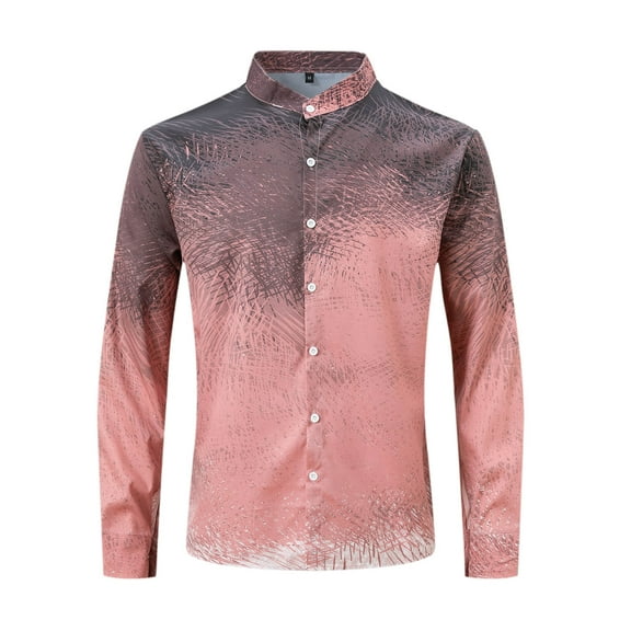 Afuyipoi Men Workwear Button-Up Shirts,Long Sleeve Casual Color Block Stand-up Collar Shirts Pink 2XL