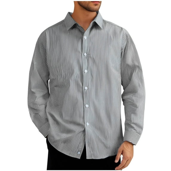 Afuyipoi Men Workwear Button-Up Shirts,Stripe Lapel Long Sleeve Casual Woven Collar Button Tops Gray L
