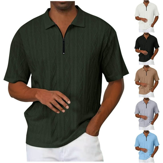 Afuyipoi Men Zip-Polo Jacquard Shirt,Golf Relaxed Summer Casual Collar Tee Black XL