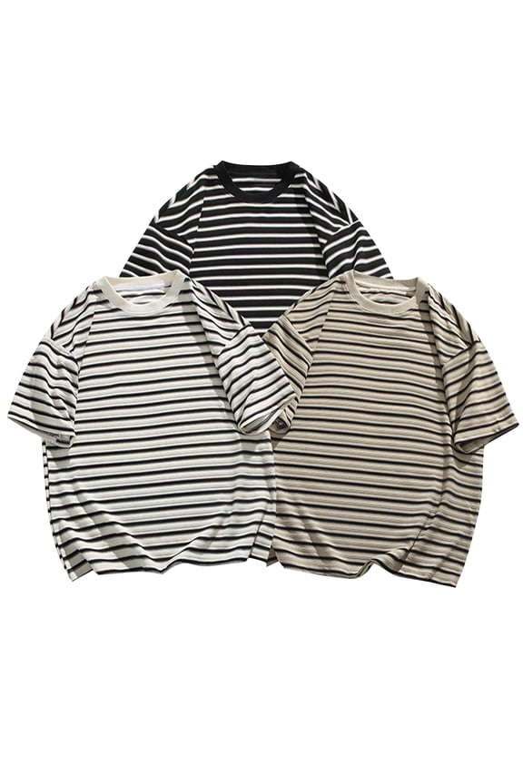 Men's Athletic Tee (M-5XL), Stripe Versatile Short Sleeve Workout Round Neck Performance Training Top White Size L