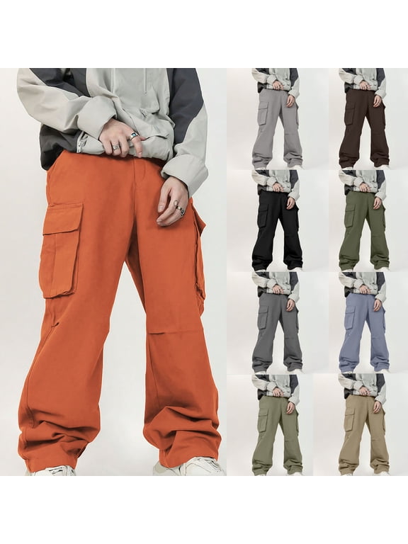 Men's Baggy Cargo Pants, Loose Wide Leg Pants with Multi Pockets Orange S