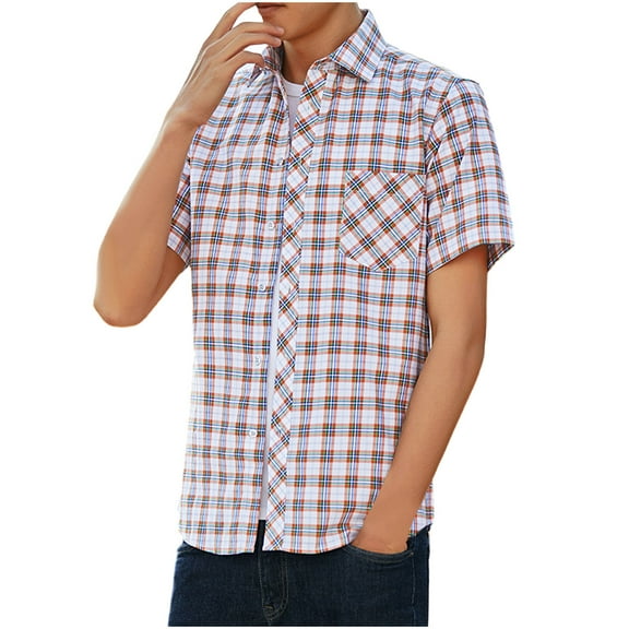 Afuyipoi Men's Button Down Shirts, Short Sleeve Plaid Shirts Casual Business Blouse Tops Orange