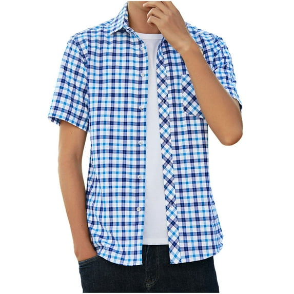 Afuyipoi Men's Button Down Shirts, Short Sleeve Plaid Shirts Casual Business Blouse Tops Sky Blue