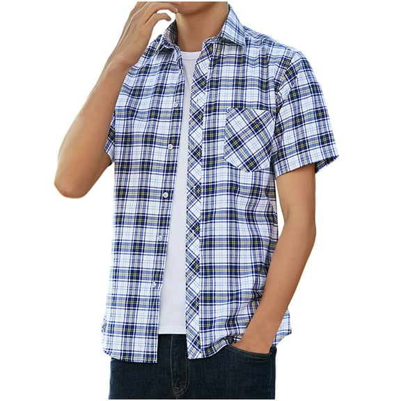 Afuyipoi Men's Button Down Shirts, Short Sleeve Plaid Shirts Casual Business Blouse Tops White