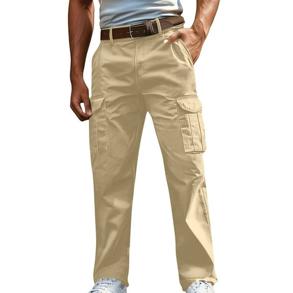 Afuyipoi Men's Cargo Pant,Elastic Waist Solid Color with Multiple Pockets Athletic Jogger Pants Khaki 4XL/48
