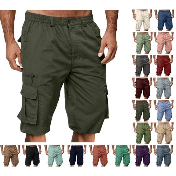 Afuyipoi Men's Casual Cargo Shorts, Multi-Pocket Stretch Waist Button Zipper Lightweight Work Travel Outdoor Summer Half Pants Army Green Size L