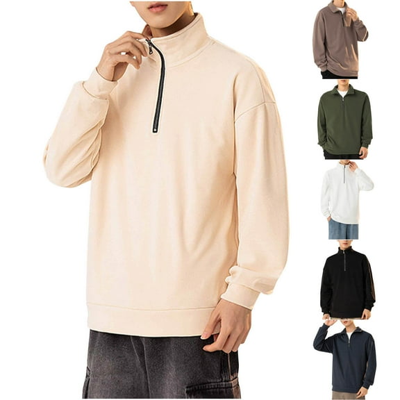 Afuyipoi Men's Casual Hoodie,Half-Zip Collar Solid Long Sleeve Sports Hoodie Khaki 2XL