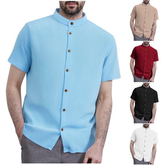 Afuyipoi Men's Casual Loose-Fit Button-Up Shirt,Classic Stand-up Collar Short Sleeves Casual Tees Red XL