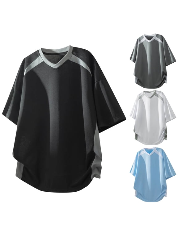 Men's Color Blocked Striped Performance Top (M-3XL), Short Sleeve Loose Fit Casual Athletic Training Tee Gray Size 3XL