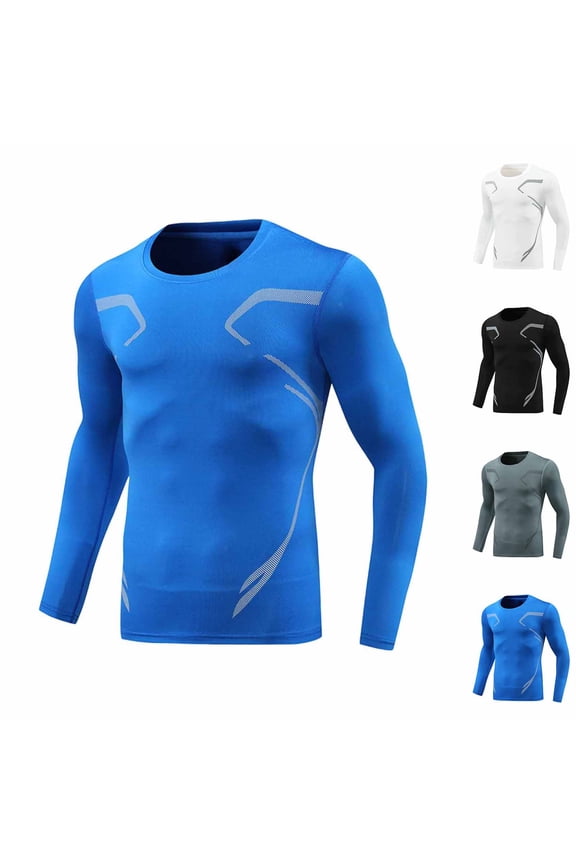 Men's Compression Shirts Long Sleeve Athletic Workout Base Layer, Quick Dry Basketball Football Tops Undershirts Blue Size L