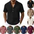 thumbnail image 1 of Afuyipoi Men's Cotton Linen Casual Shirt, Summer Short Sleeve Solid Color Relaxed Fit Top, Breathable Beach Vacation Fashion Blouse Red Size M, 1 of 7