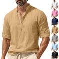 thumbnail image 1 of Afuyipoi Men's Cotton Linen Henley Shirt, Casual Solid Color 3/4 Sleeve Button Down Pullover Top, Lightweight Breathable Beach Yoga Shirt Khaki Size L, 1 of 8