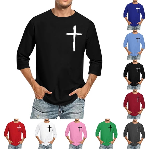 Afuyipoi Men's Cross Print Three-Quarter Sleeve T-Shirt,Three-Quarter Sleeve Athletic Round Neck Athletic Shirts Blue 4XL