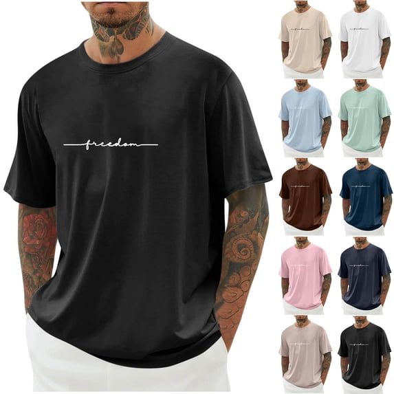 Afuyipoi Men's Drop-Shoulder Letter Print T-Shirt,Relaxed Fit Round Neck Short Sleeve Athletic Wear Navy S