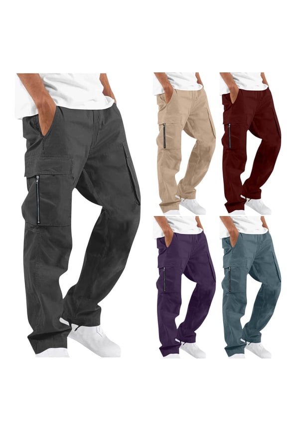 Men's Elastic Waist Cargo Pants,Outdoor Hiking Trousers Side Pockets Straight- Workout Pants Navy L