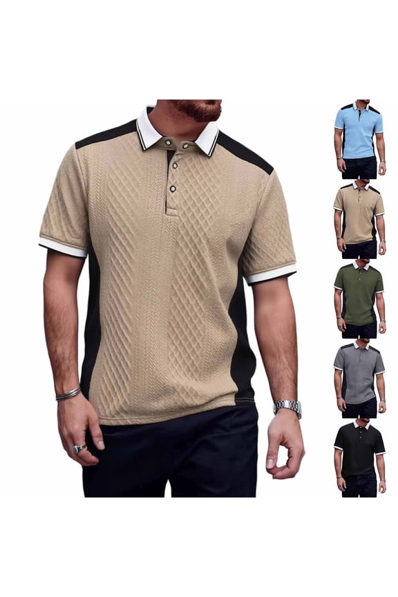 Men's Fashion Jacquard Polo Shirt, Casual Short Sleeve Color Block Lapel Top, Stylish Patchwork Contrast Summer Polo, S-3XL Gray Size 2XL