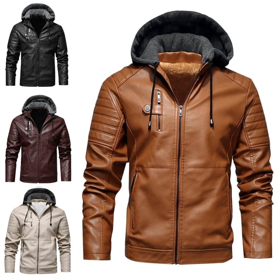 Afuyipoi Men's Faux Leather Hooded Jacket PU Zipper Pocket Casual Hooded Outerwear Coat Size S-2XL Yellow Size XL