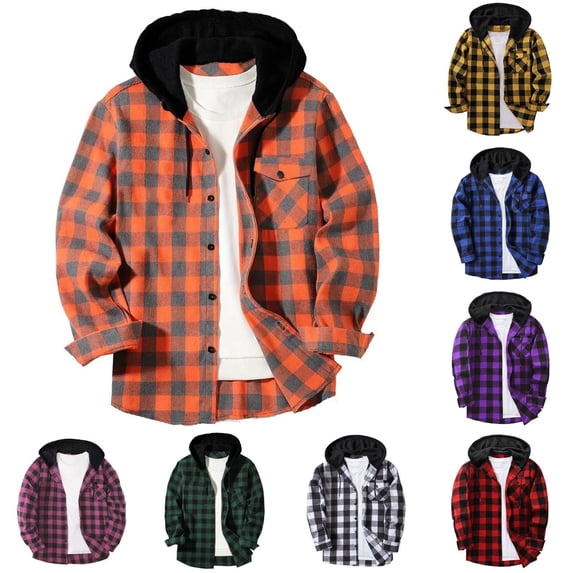 Afuyipoi Men's Flannel Hoodie Shirts, Casual Button Down Plaid Shirt Jackets for Men Long Sleeve Stylish Outwear with Pocket Blue S