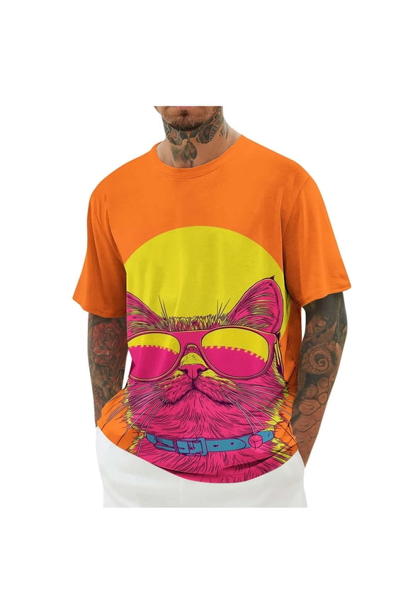 Men's Funny Graphic Tee Casual Short Sleeve Crew Neck T-shirts Orange Size 2XL