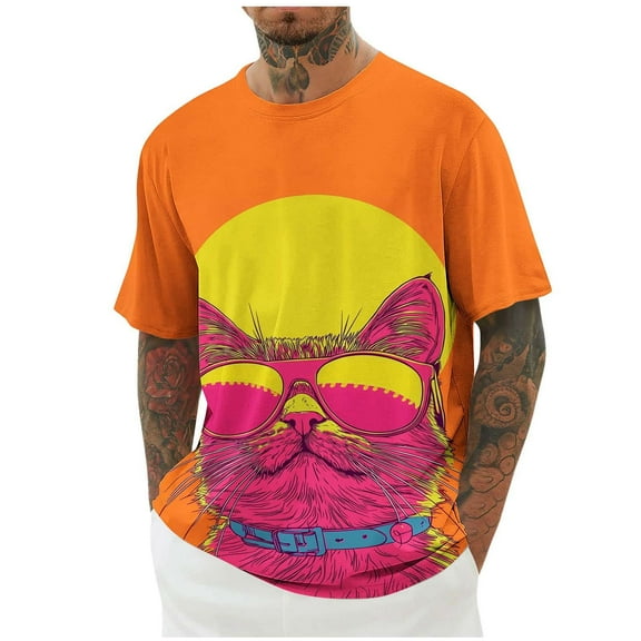 Afuyipoi Men's Funny Graphic Tee Casual Short Sleeve Crew Neck T-shirts Orange Size 4XL