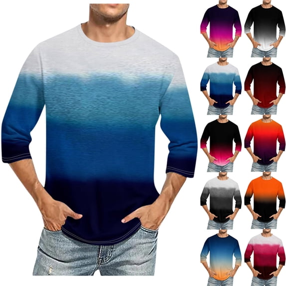 Afuyipoi Men's Gradient 3/4 Sleeve T-Shirt,Casual Moisture-Wicking Round Neck Athletic Shirts Black 2XL