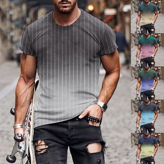 Afuyipoi Men's Gradient Striped Print Sports T - Shirt,Short Sleeve Casual Round Neck Daily Wear Gray 4XL