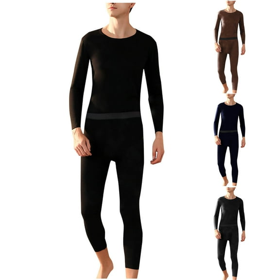 Afuyipoi Men's Graphene Wool Thermal Set, Warmth-Retaining Suit Graphene-Infused Base Layer High-Elasticity Long Sleeve Underwear Solid Color Design Black L