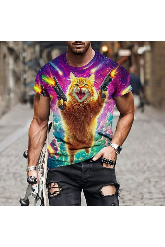 Men's Graphic Cat Tee,Novelty Animal Print Standard Casual Cut Stretch Jersey Casual Tees Purple XL