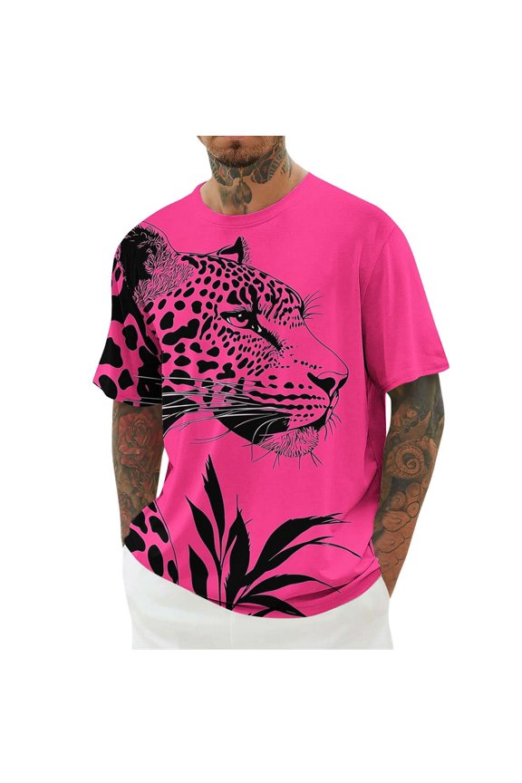 Men's Graphic T-shirts Casual Short Sleeve Round Neck Funny Print Tee Hot Pink Size L