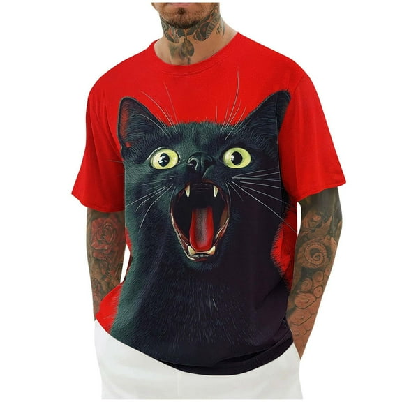 Afuyipoi Men's Graphic T-shirts Casual Short Sleeve Round Neck Funny Print Tee Red Size M