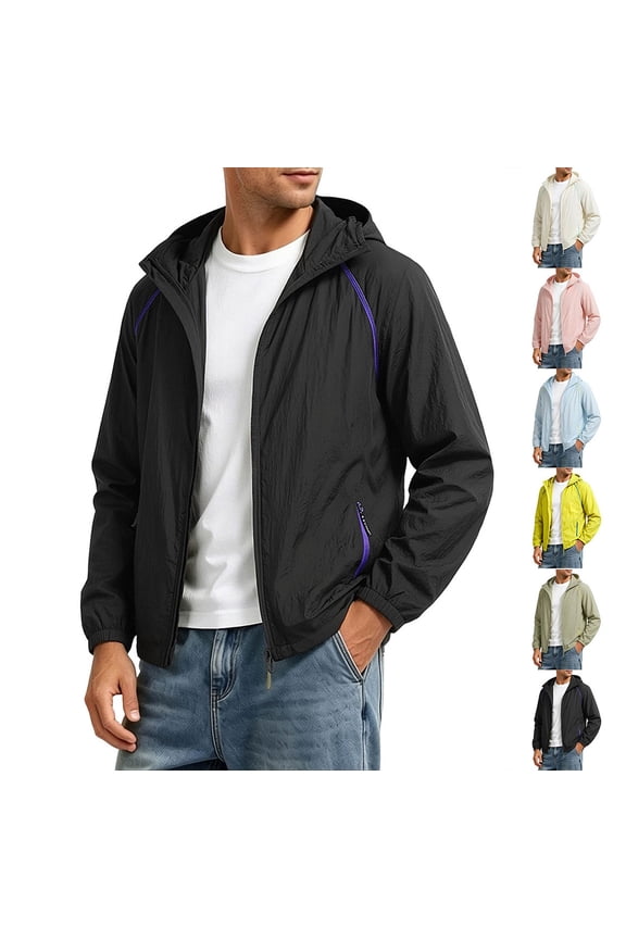Men’s Hooded Sun Protection Jacket Lightweight Nylon Outdoor Summer Windbreaker with Adjustable Hood Purple Size XS