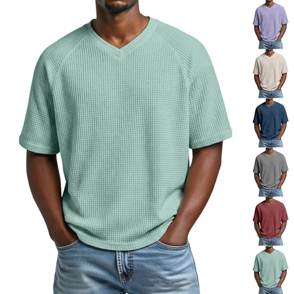 Afuyipoi Men's Knit V-Neck Short Sleeve T-Shirt, Casual Athletic Sports Top, Breathable Flexible Fitness Shirt, S-4XL Big and Tall Gray Size S
