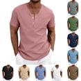 thumbnail image 1 of Afuyipoi Men's Linen-Blend V-Neck Shirt, Casual Short-Sleeve Button-Pocket Tee Light Blue Size S, 1 of 6