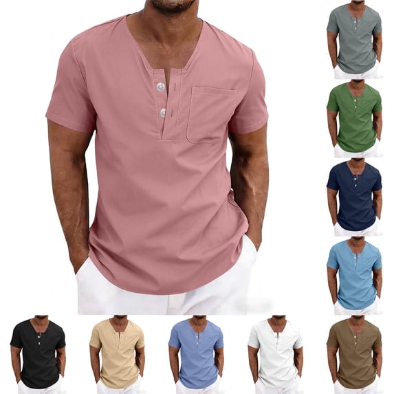 Afuyipoi Men's Linen-Blend V-Neck Shirt, Casual Short-Sleeve Button-Pocket Tee White Size S