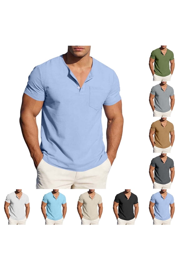 Men's Linen-Cotton Tee, Short-Sleeve V-Neck Casual Top with Pocket Gold Size 4XL