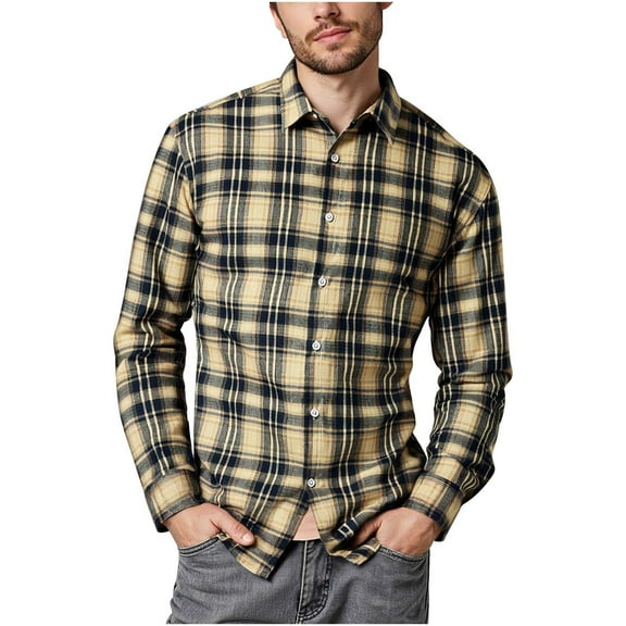 Afuyipoi Men's Long Sleeved Shirt,Button-Up Casual Plain Lightweight Classic Collar Men's Shirt Khaki 3XL