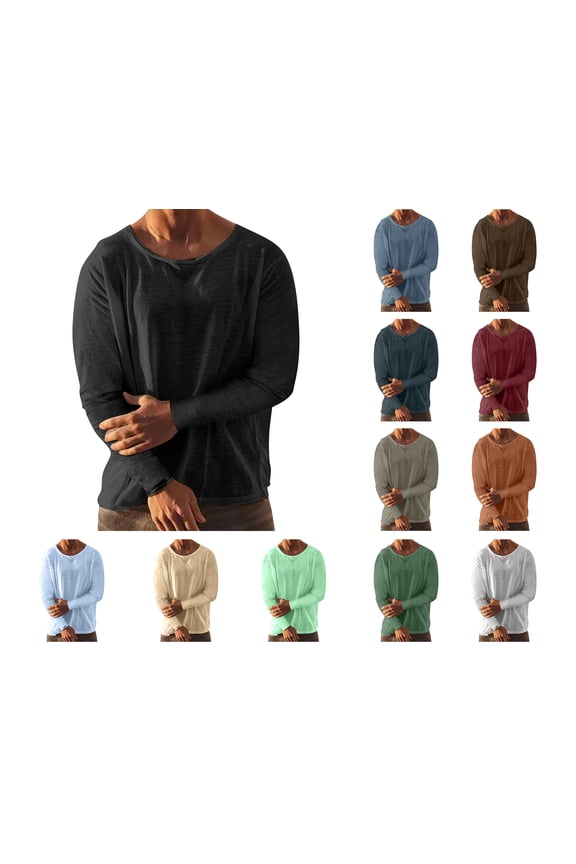 Men's Long Sleeved Shirt Washed Linen Round Neck Pullover Tops Basic Undershirt Blue Size XL
