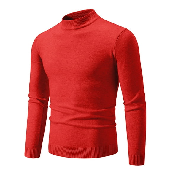 Afuyipoi Men's Mock Turtleneck Sweater,Pullover Vintage Knitwear Solid Color Fleecing Lined Knitwear Red XL