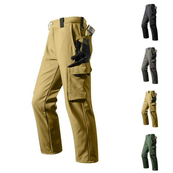 Afuyipoi Men's Outdoor Cargo Pants with Multi-pockets, Thickened Fall Winter Long Pants for Hiking Fishing Black M