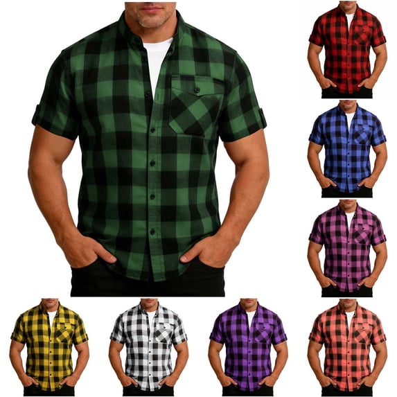 Afuyipoi Men's Plaid Lapel Shirt, Patchwork Short-Sleeve Button-Front Shirt with Pocket Purple Size L