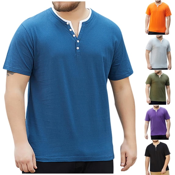 Afuyipoi Men's Plus Size Cotton T-Shirt,Oversized Fit Solid Color Cotton Round Neck Shirts Blue 2XL