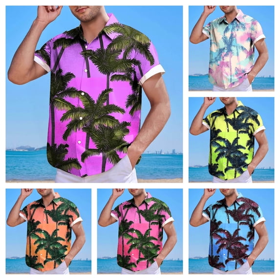 Afuyipoi Men's Printed Button-Up Shirt,Short Sleeve Loose Classic Relaxed Fit Shirts Purple 2XL