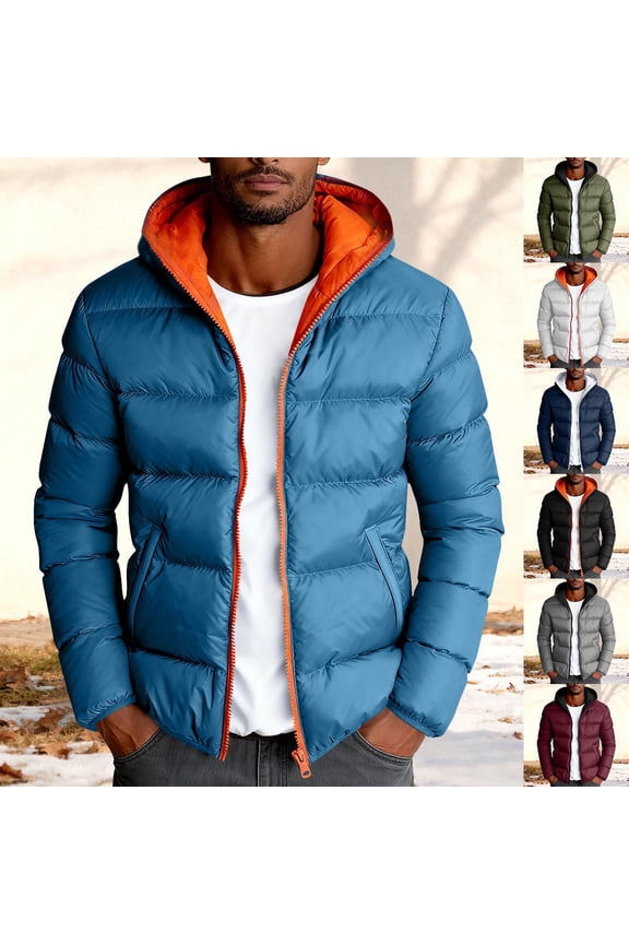 Men's Puffer Jacket, Solid Color Long Sleeve Warm Lining Hooded Packable Winter Coat for Men Blue S