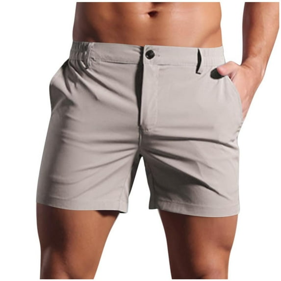 Afuyipoi Men's Quick-Dry Beach & Outdoor Shorts, Solid Color Button Elastic Waist 3-Inch Shorts with Side Pockets Khaki XL