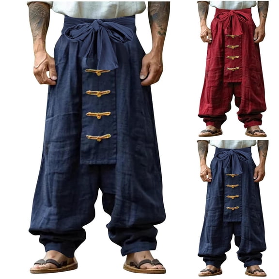 Afuyipoi Men's Retro Wide Leg Pants,Breathable Flax Tie-Dye LooseElastic Waist Tie Washed Vacation Pants Navy S/30