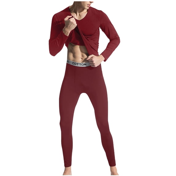 Afuyipoi Men's Seamless Thermal Base Layer Set, Four-Way Stretch Comfort Heat-Retaining Lightweight Fit Solid Color Long Sleeve Pullover and Pants Suit Cold Weather Essential Wear Wine L