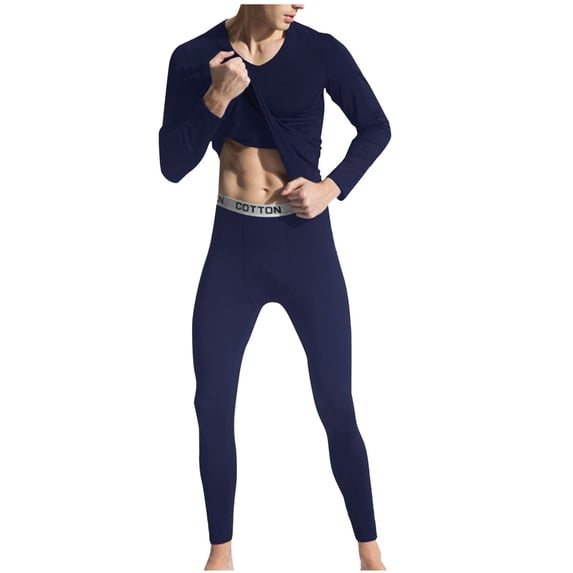 Afuyipoi Men's Seamless Thermal Base Layer Set, Four-Way Stretch Comfort Solid Color Long Sleeve Pullover and Pants Suit Heat-Retaining Lightweight Fit Cold Weather Essential Wear Navy 2XL