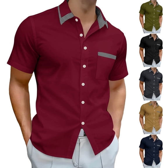 Afuyipoi Men’s Short-Sleeve Button Shirt, Lapel Collar Pocket Top Casual Summer Tee Dark Gray Size L